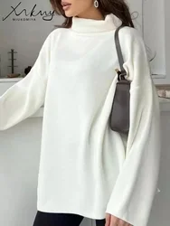 White Turtleneck Oversize Sweater Women Autumn Winter Fashionable Knitted Pullovers Solid  Loose Women's Turtleneck Sweaters