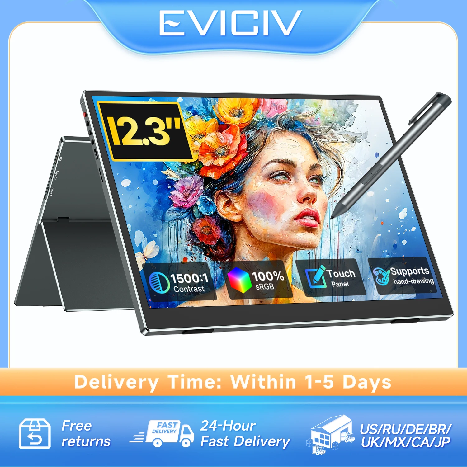 EVICIV 12.3" FHD Portable Touch Display 1500:1 w/ Pen 8192 Levels 100% sRGB Ultra Slim Screen IPS for Drawing/Study/In-Car Use