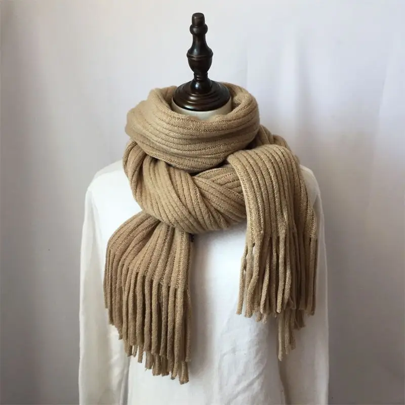 Scarf Women Winter Student Korean New Knitted Couple Thickened Warm Wool Female Solid Color Tassel Scarf 200x40cm