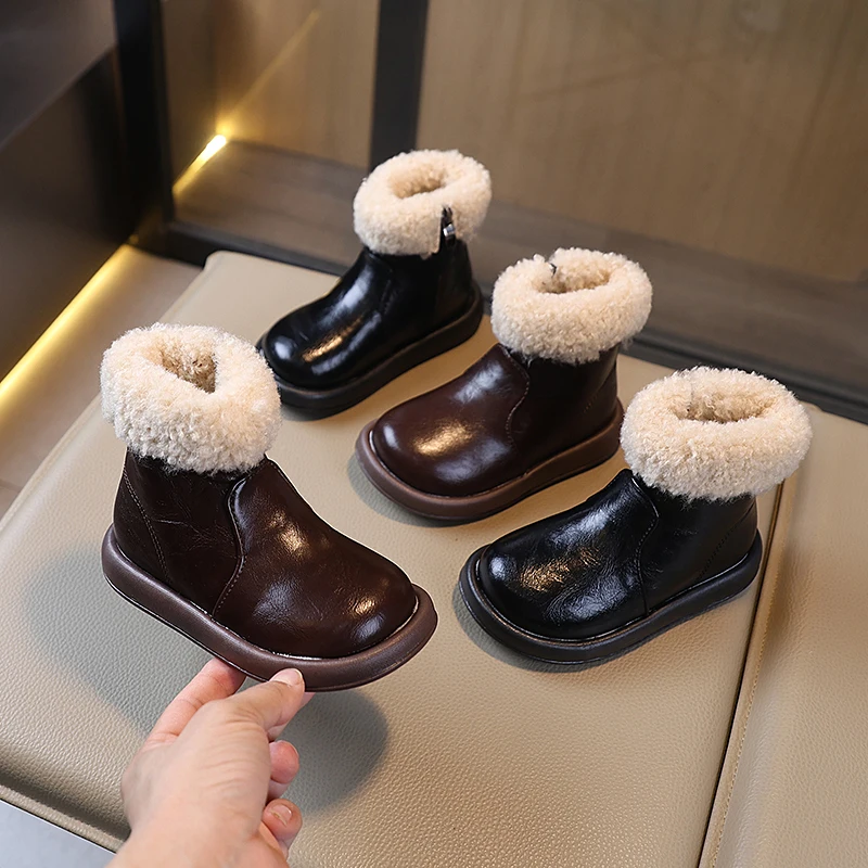 

Детские уличные термосапоги, зимние классические модные ботильоны для девочек, черные, коричневые, простые детские школьные хлопковые ботинки, теплые меховые сапоги