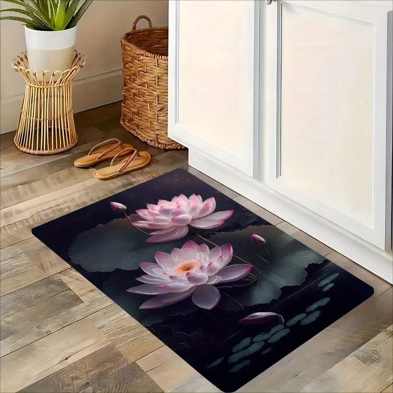 Dark Background Pink Lotus Flower Doormat Elegant Water Lily Leaf Pond Print Non Slip Water Absorbent Bathroom Kitchen Floor Mat