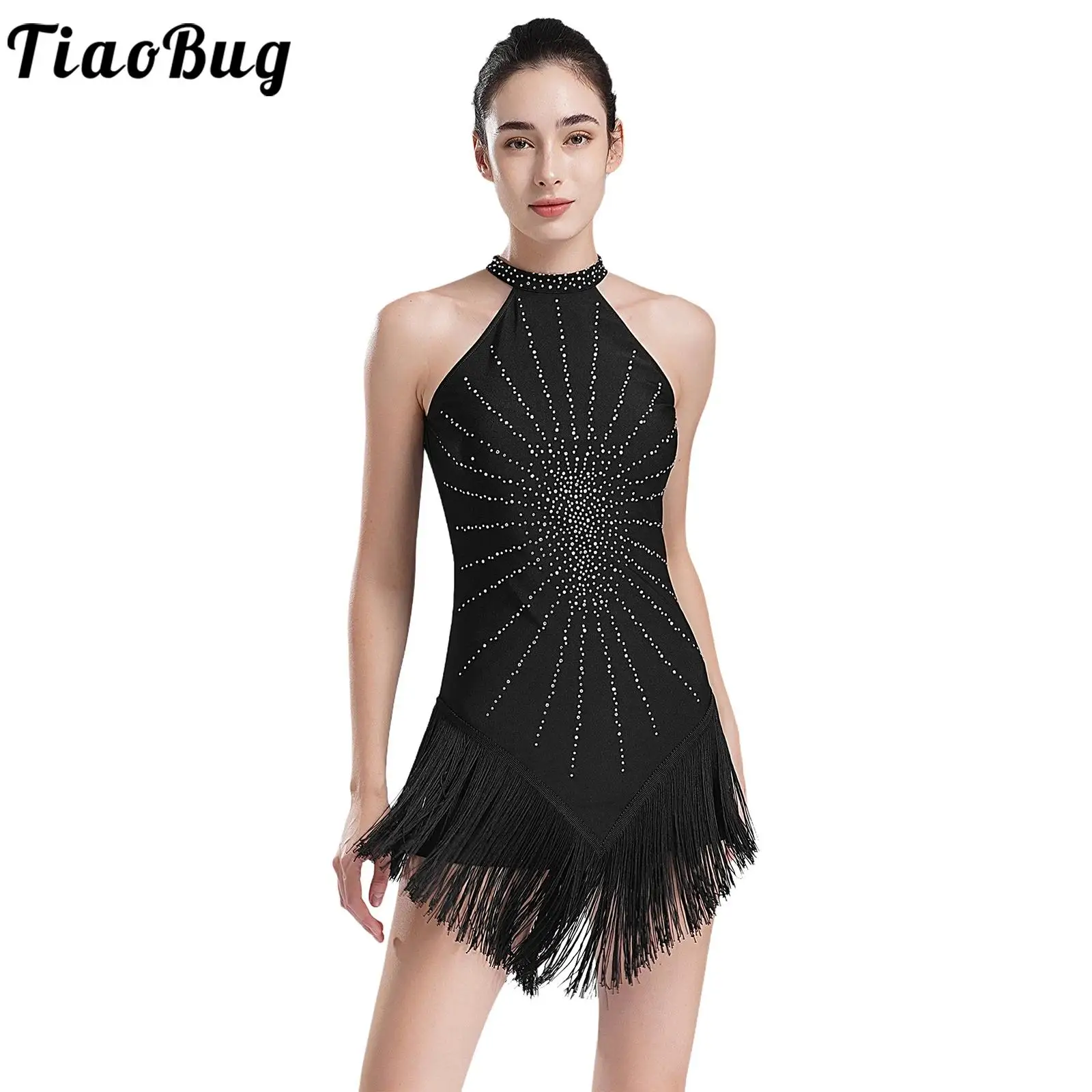 

Women Latin Tango Ballroom Dance Dress Performance Costume Shiny Rhinestones Sleeveless Cutout Back Fringe Skirted Jazz Dress