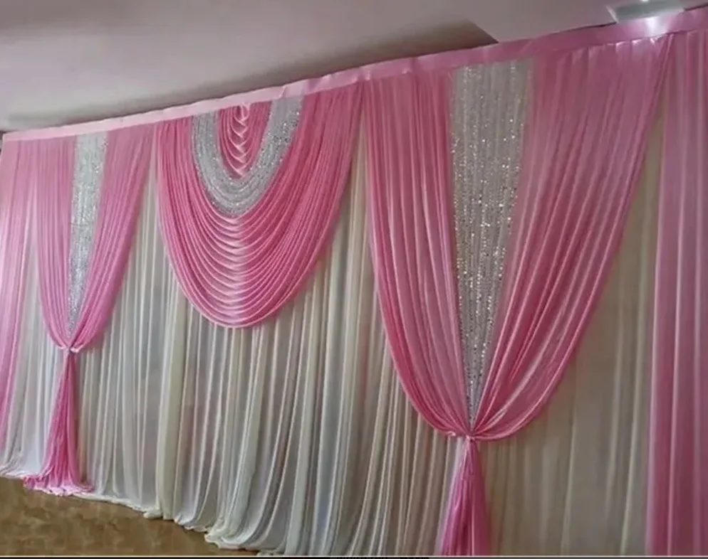 10x20Ft Luxury Wedding Backdrop Curtain White Background Drapery Pink and Sequin Swag Pleated Event Party Home Decoration