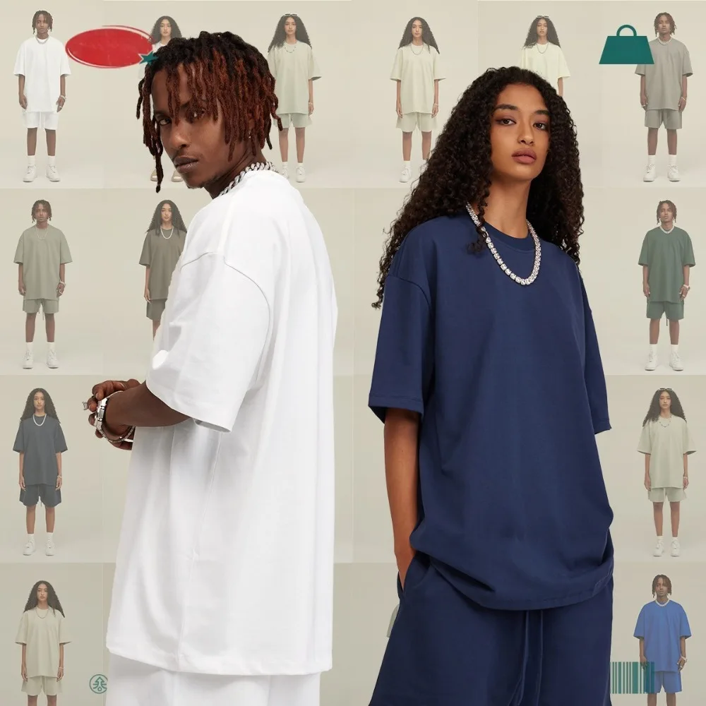 

Men's 2025 Fashion Brand Heavy Solid Color Short Sleeve T-shirt Summer Small Neckline Men's Loose Short Sleeve Suit Men