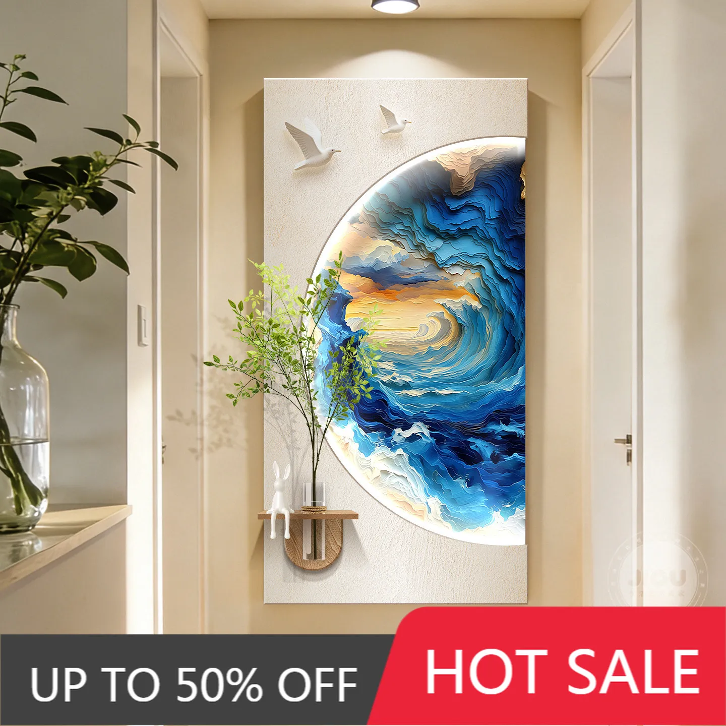 Cream Style Sea View Decorative Painting, Abstract Wave Sandstone Mural, Hydroponic Green Plant Strip, Light Hanging Painting