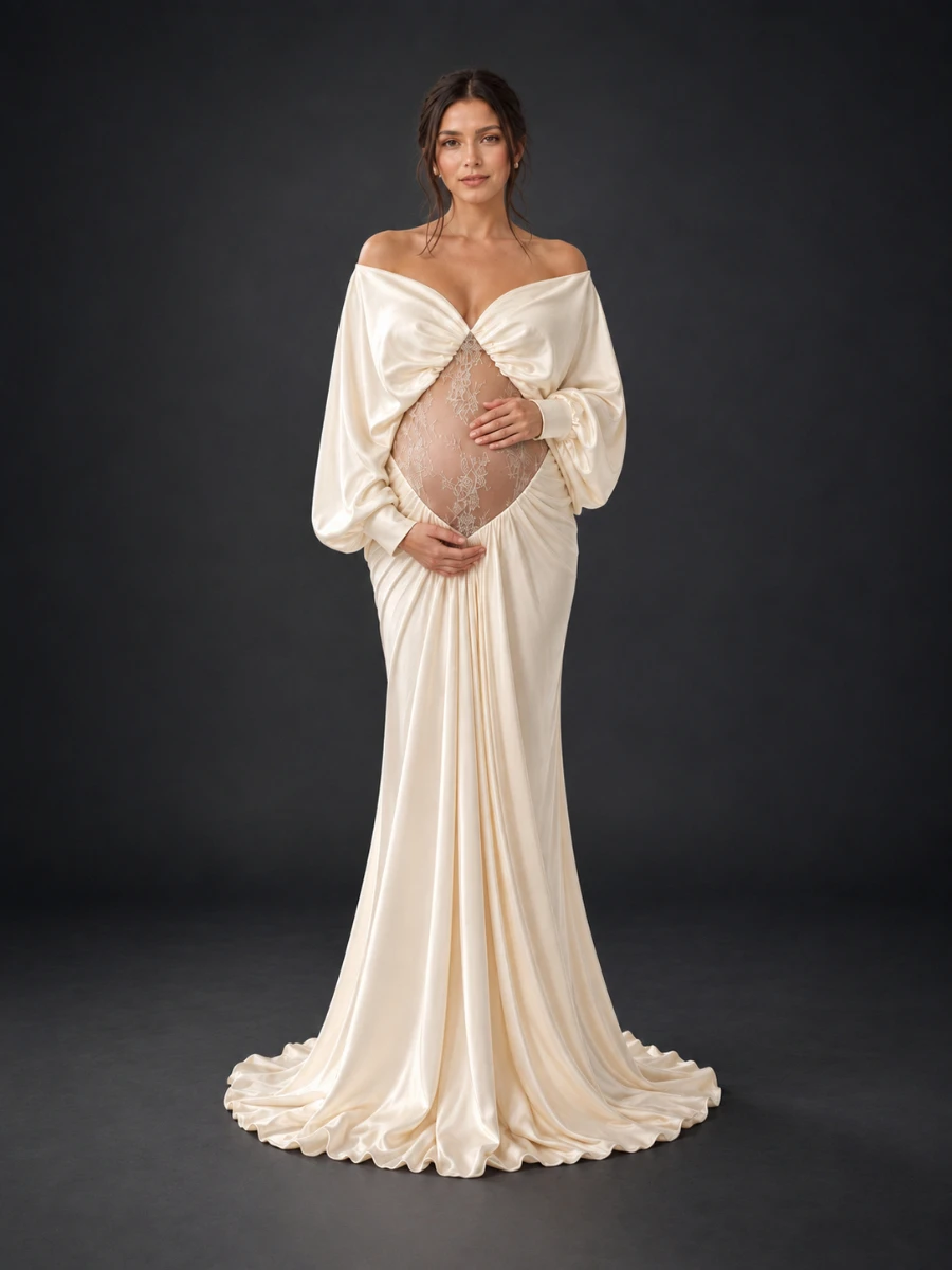 Ivory Maternity Gown for Photoshoot Silk Satin See-Through Lace Belly Pregnant Photography Dress HY269006
