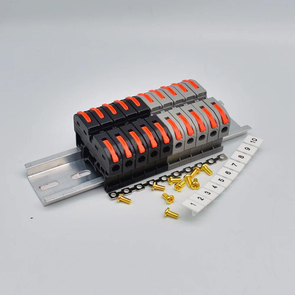 10PCS Din Rail Terminal Block 211 Wire Electrical Conductor Universal Fast Cable Connector Connection with Number Strip Set