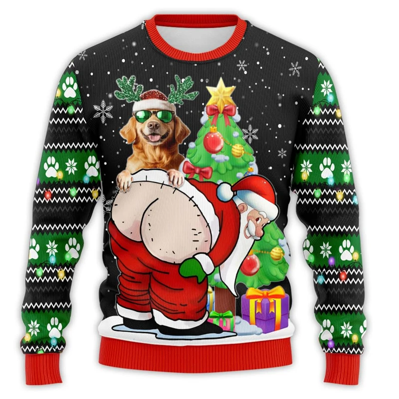 Cão e papai noel feio camisola de natal para homens crianças impertinentes engraçado tripulação pescoço férias camisolas casuais harajuku pullovers topos