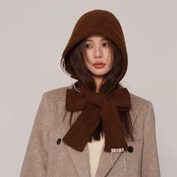 Winter Warm Soft Knitted Hat Shawl Women's 2-in-1 Caps Thicken Earmuff Hood Scarf High Quality Designer Warm Pullover Snood Hat