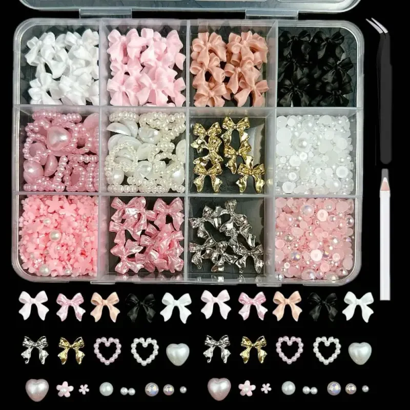 1Box Sweet Dreamy Multi-Color Resin Nail Art Charms with Bows Hearts Simulated Pearls for DIY Crafts & Party Nail Designs