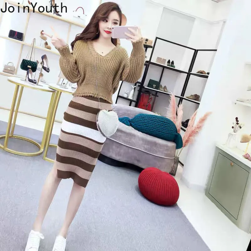 Joinyouth Zwei Stück Outfits für Frauen Koreanische Vintage Gestreiften Strick Slim Fit Anzug Crop Tops Weibliche Roupas Mode 2 Stück set