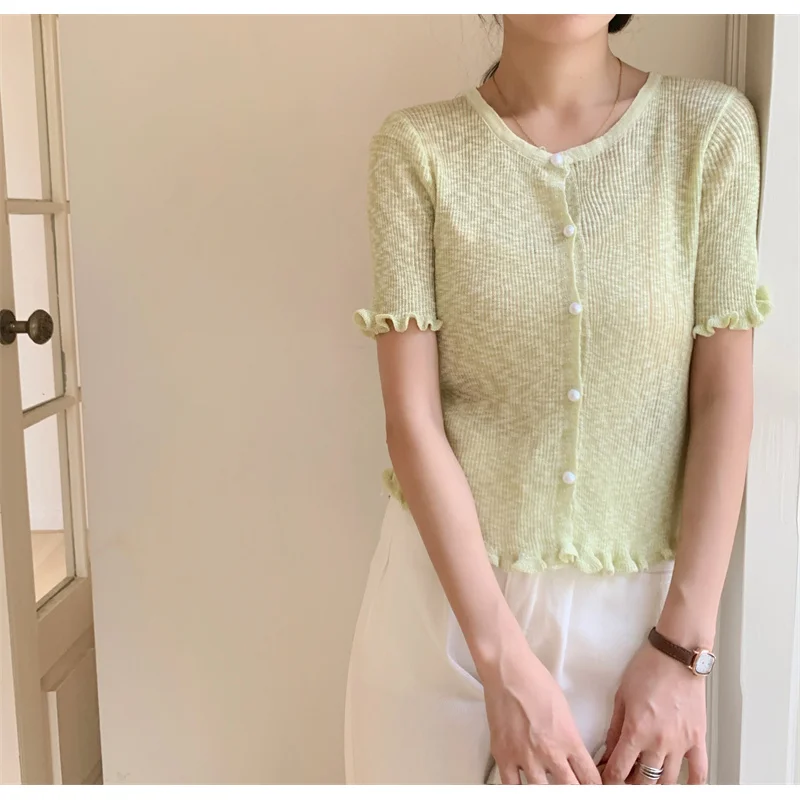 

New French Style Round Neck Ruffled 3D Flower Knit Cardigan Short Sleeve Top
