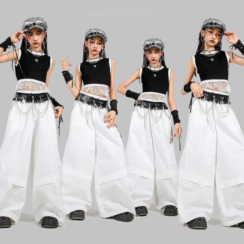 

Kid Kpop Hip Hop Clothing Black Lace Hem Crop Tank Top White Casual Wide Parachute Pants for Girls Jazz Dance Costumes Clothes