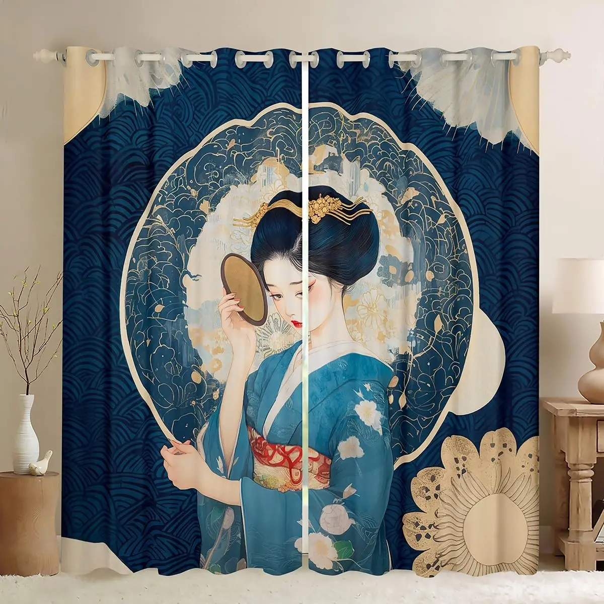 Luxurious Chinese Anime Style Blue and Gold Art Panel Curtain Decorative Sliding Waterproof Window Drapery for Living Room Bedro