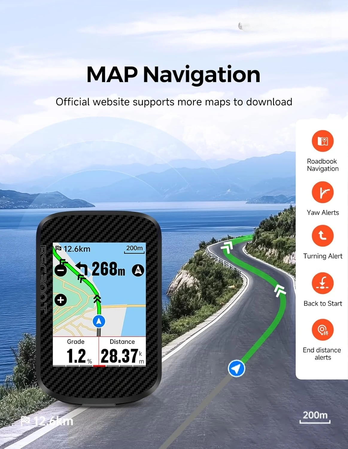 

BSC300T Wireless Bike Computer GPS, Touchscreen Offline MAP Navigation Off Course Warning Compatible