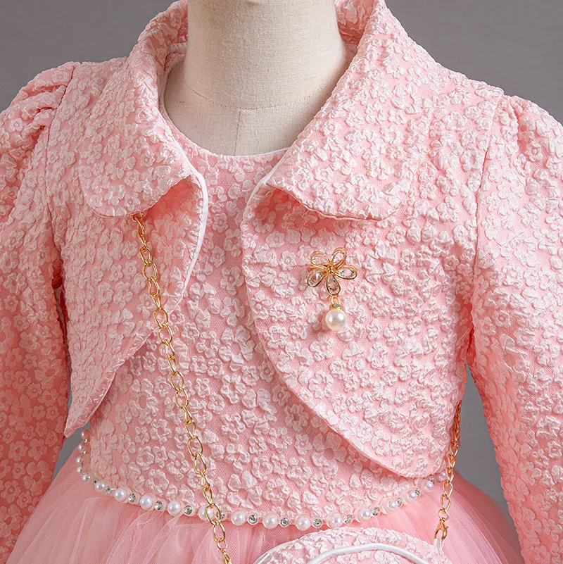 Spring Flower Girl Elegant Dresses for Wedding Girls’ Formal Dress with Bag 3 PC Set Long Sleeve Kids' Clothes 3 to 12 Years image 2