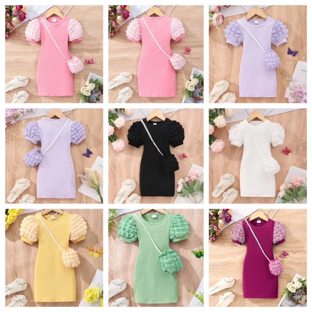 

Girl's Bubble Sleeve Round Neck Solid Color Bag included Dress