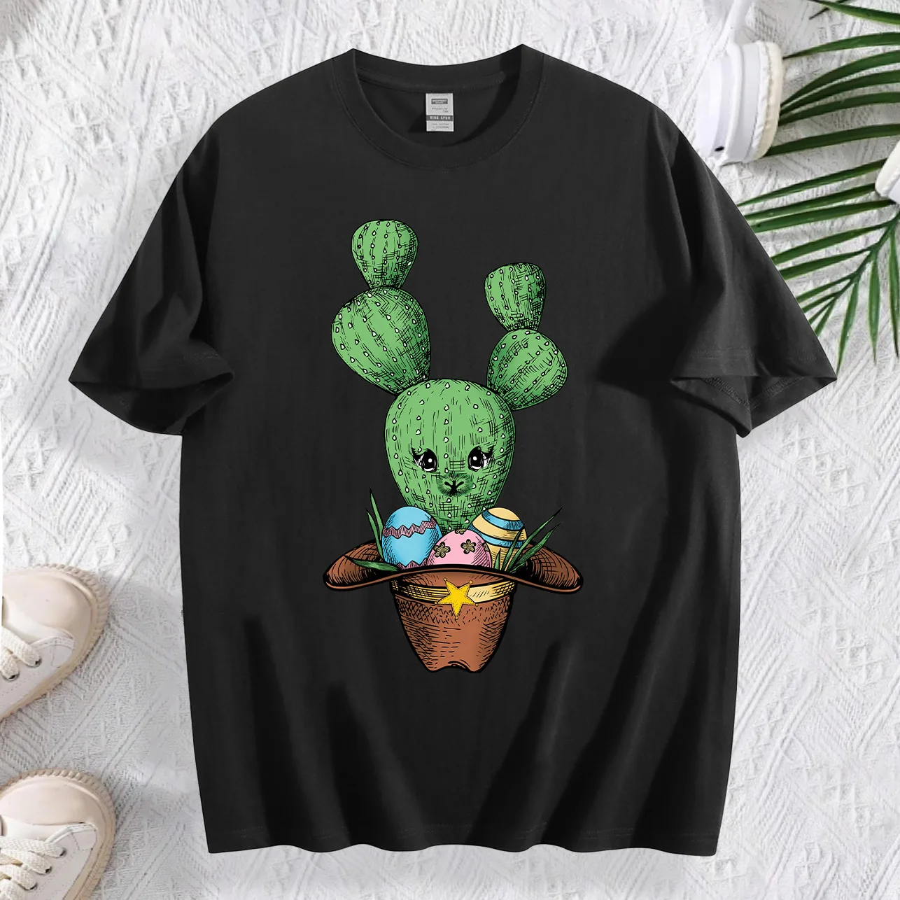Koszulka damska z grafiką kaktusów i jajek wielkanocnych, 100% bawełna, okrągły dekolt, krótki rękaw, codzienna, na lato.