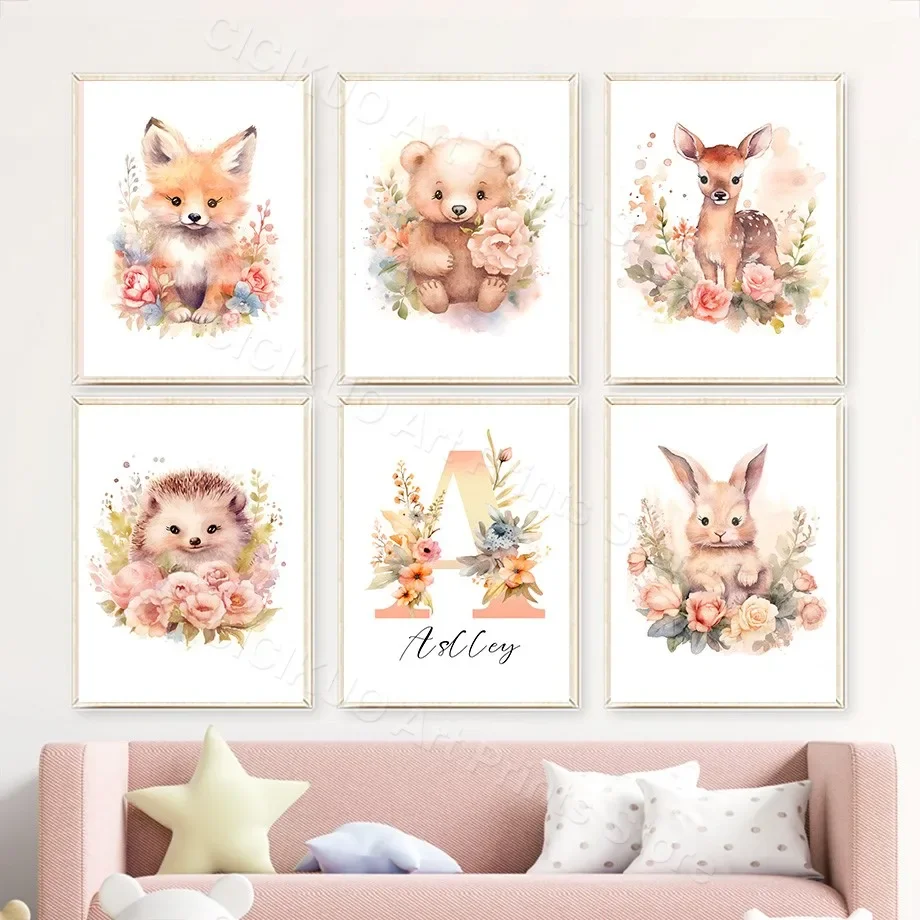 

Custom Name Floral Forest Animals Fox Rabbit Deer Wall Art Canvas Painting Nordic Posters Prints Picture Nursery Kids Room Decor