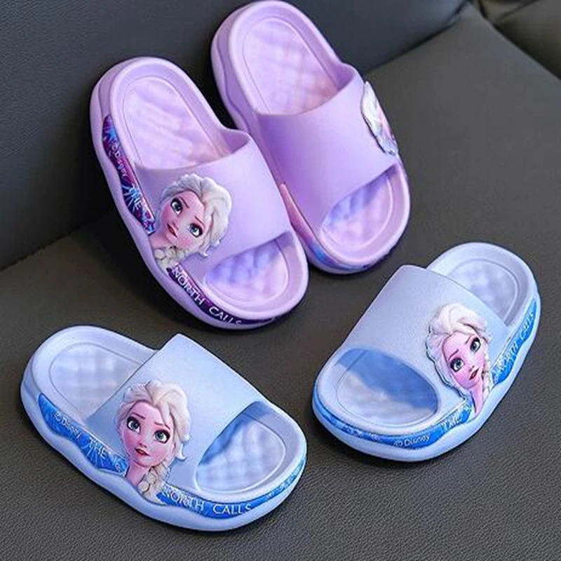 Girls Summer Slippers Baby Shoes Kids Disney Cartoon Frozen Elsa Print Soft Non Slip Home Beach Sandals Indoor Bath Shoes 24-36