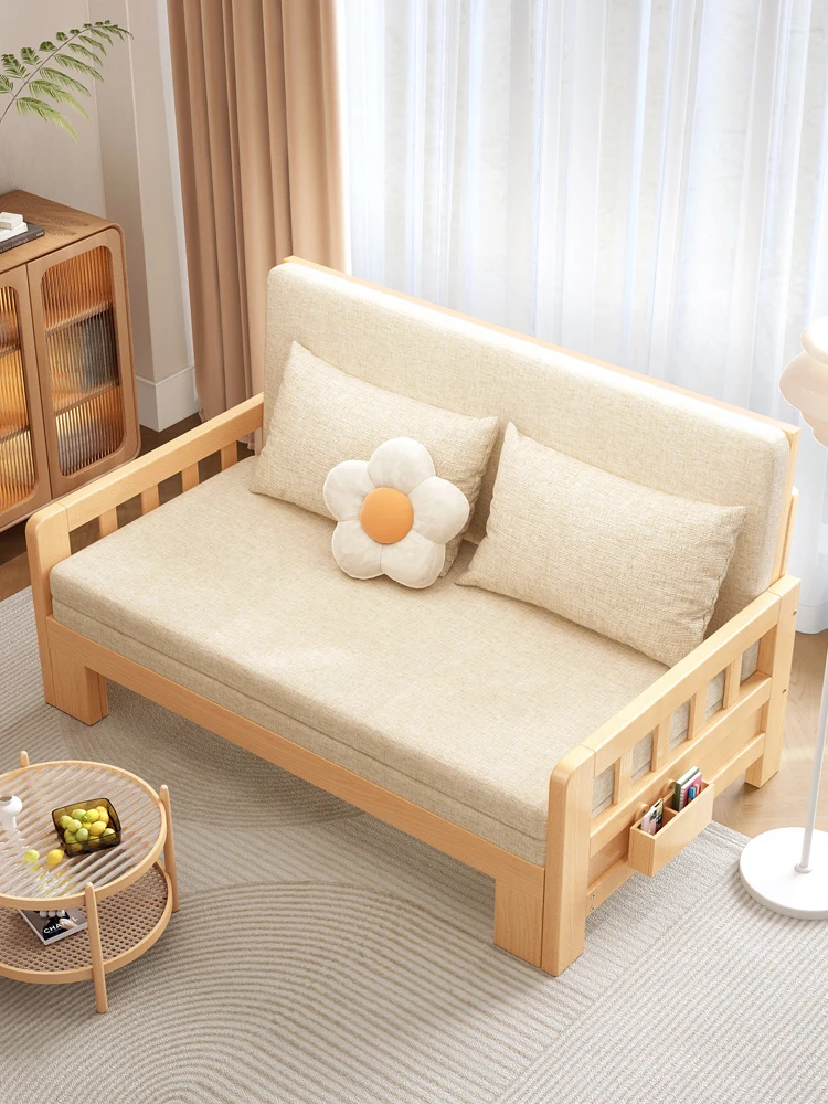 Solid wood sofa bed beech push-pull folding sitting and lying dual-purpose bed living room multifunctional bedroom bed