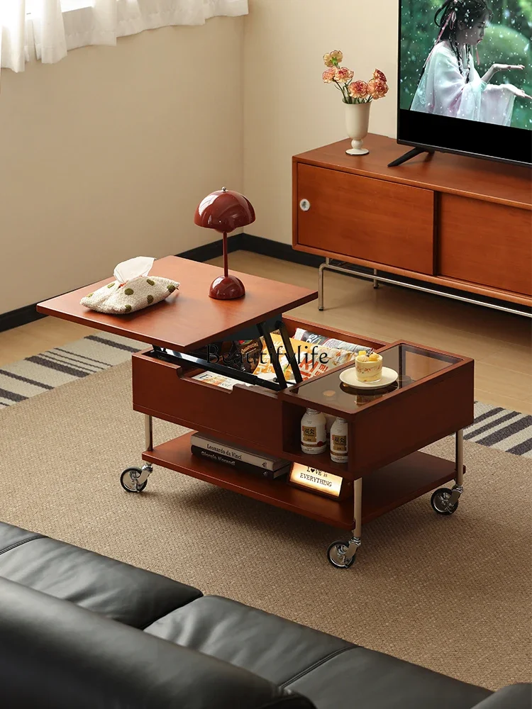 

01Nordic retro solid wood lifting coffee table movable trolley storage tea table