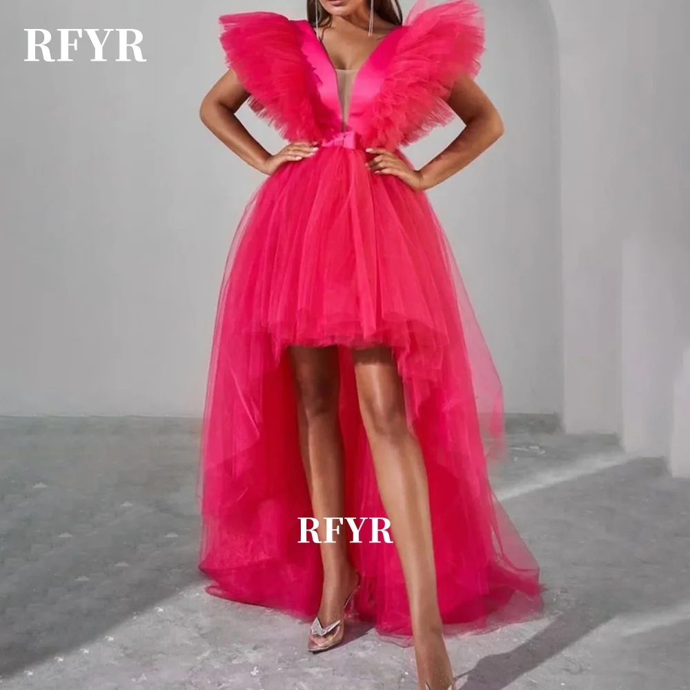 RFYR High Low Party Dress with Ruffles Sleeve A Line Evening Dress Fluffy Prom Gowns for Princess vestidos de fiesta Customized