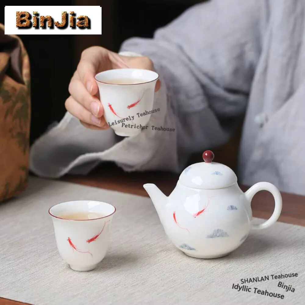 Handmade Travel Tea Set Kit Hand Drawn Fish Play Tea Set Traditional White Porcelain 1 Pot 2 Cups Tea Maker Portable Bags Gifts