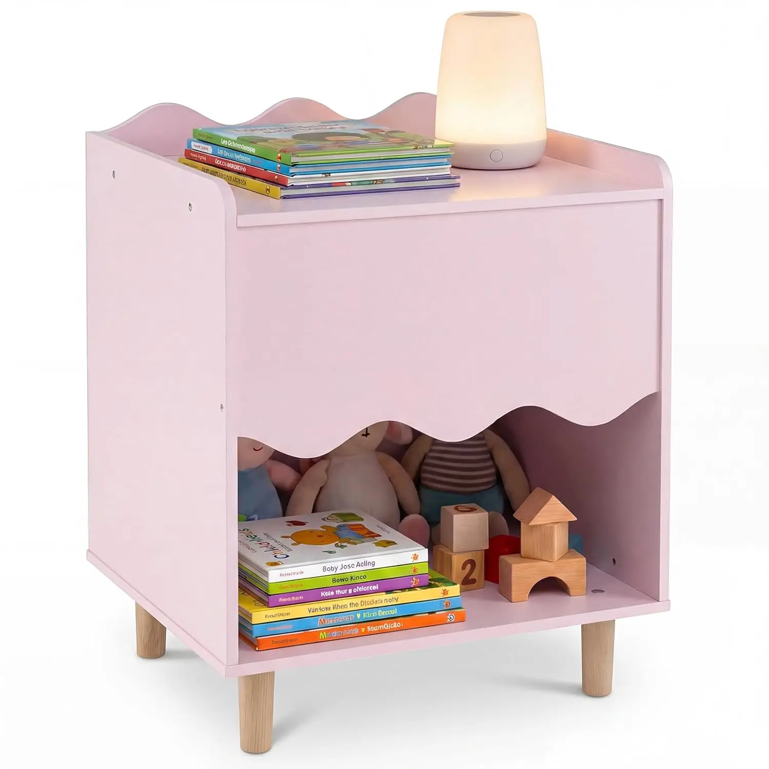 

Nightstand, Scalloped Side Table W/Wide Top, Large Storage Compartment & Solid Rubber Wood Legs, Wooden End, Customized