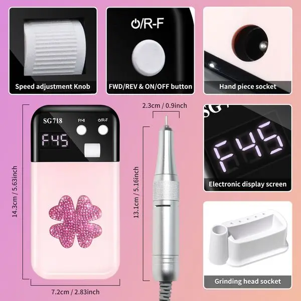Portable Nail Drill 45000RPM Rechargeable E-File with Bits for Acrylic Gel Nails