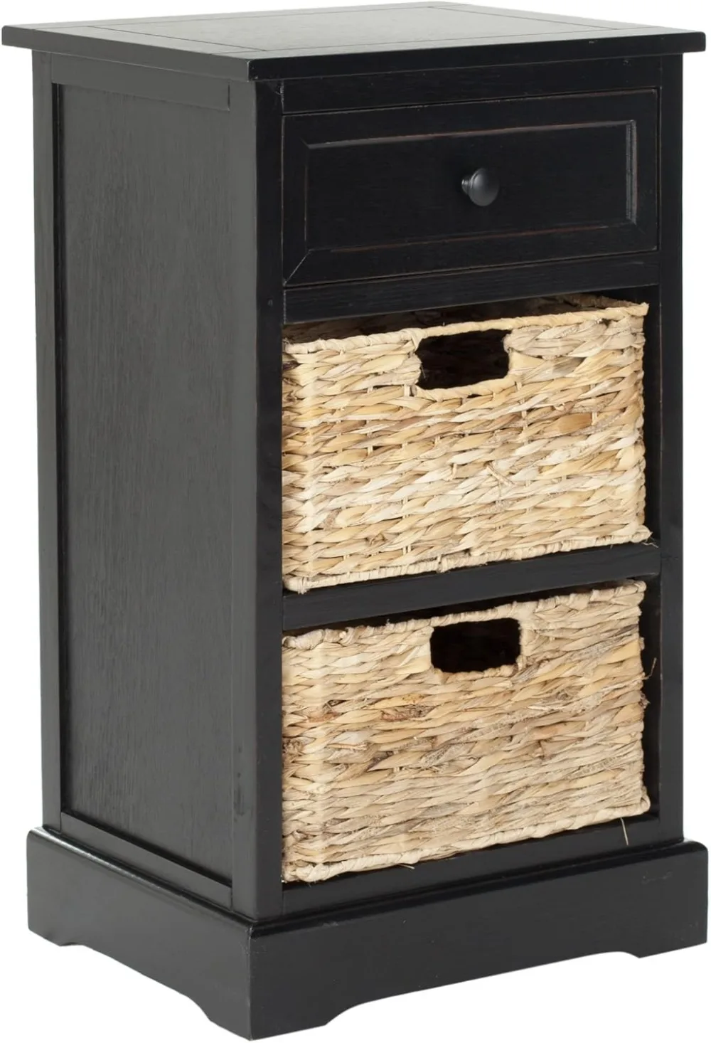 Distressed Black Wicker Nightstand with 3 Drawers - Fully Assembled Solid Pine Wood Side Table