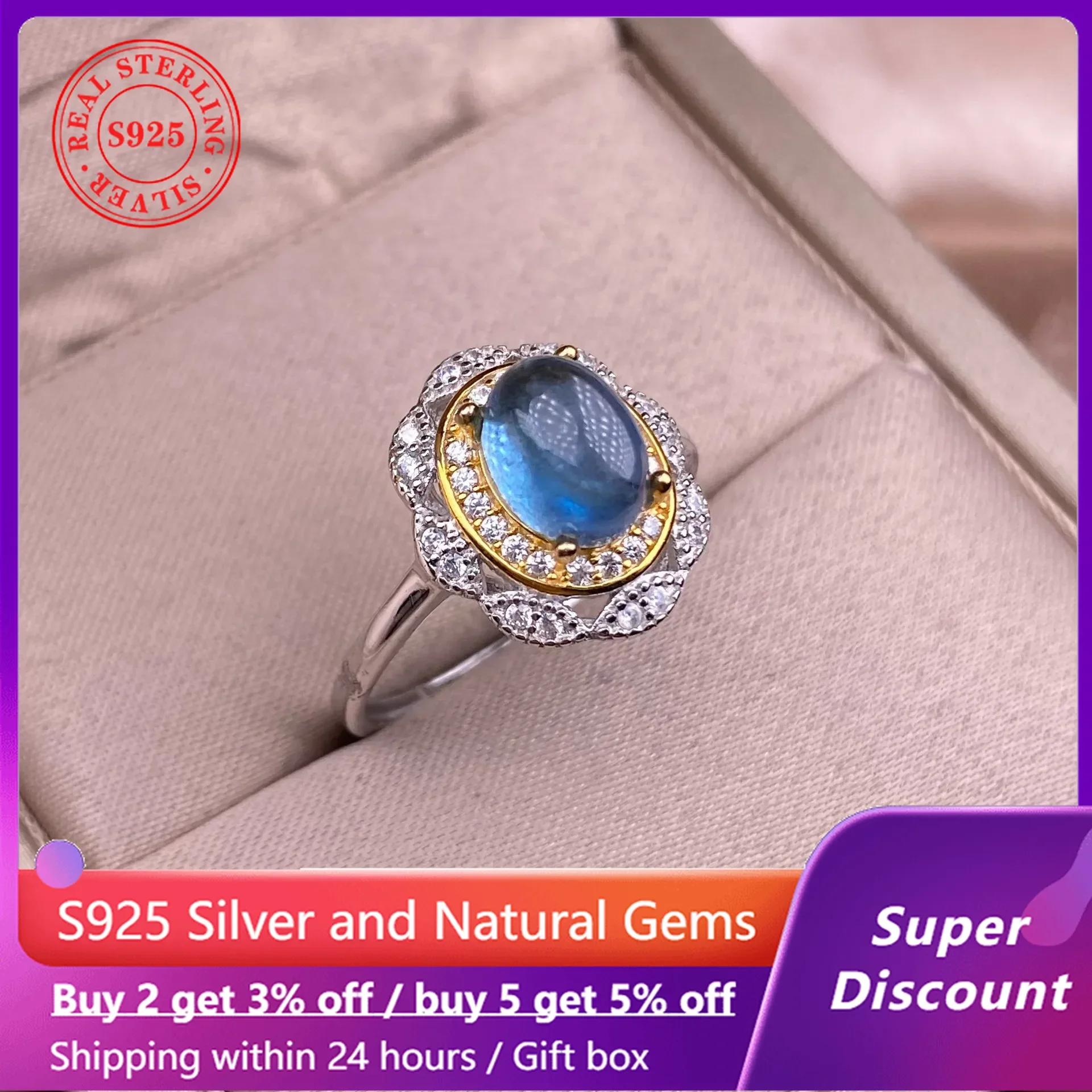 HOYON Natural Sea Blue Treasure Women\'s Ring s925 Sterling Silver Luxury Crystal Colored Gemstone Retro Palace Jewelry Gift