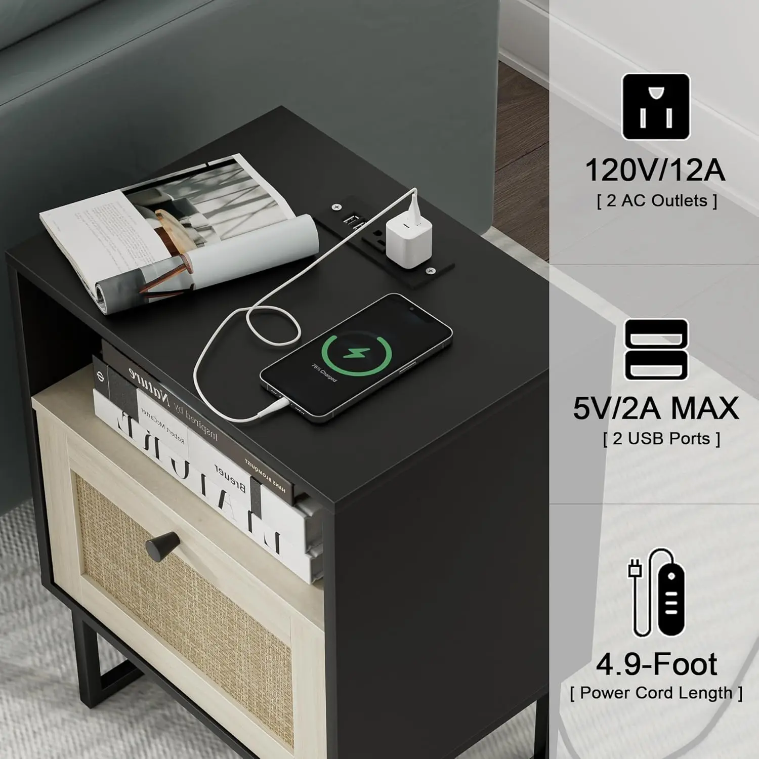 

Прикроватная тумбочка Masupu Boho, небольшой приставной столик из ротанга, деревянная тумбочка с ящиком и зарядной станцией, прикроватная тумбочка белого цвета