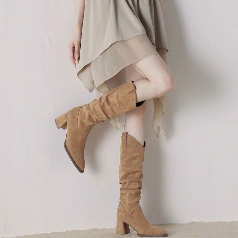 Women Suede Ruched Slouch Block Heel Knee High Western Boots, Pointed Toe Chunky Heel Fall Winter Fashion Cowboy Riding Boots