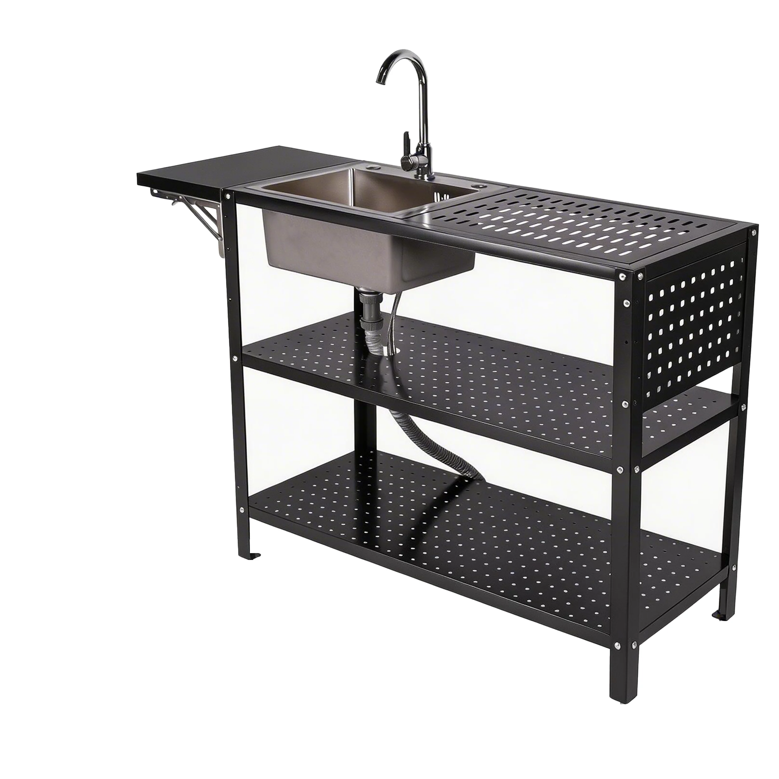 Outdoor Camping Kitchen With Sink - Buitenkeuken met opklapbare bijzettafel, 3-laags opbergmeubel,