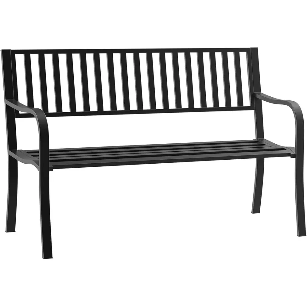 

50 Slatted Seat Outdoor Garden Bench, Metal Patio Furniture for Yard, Poolside, Black