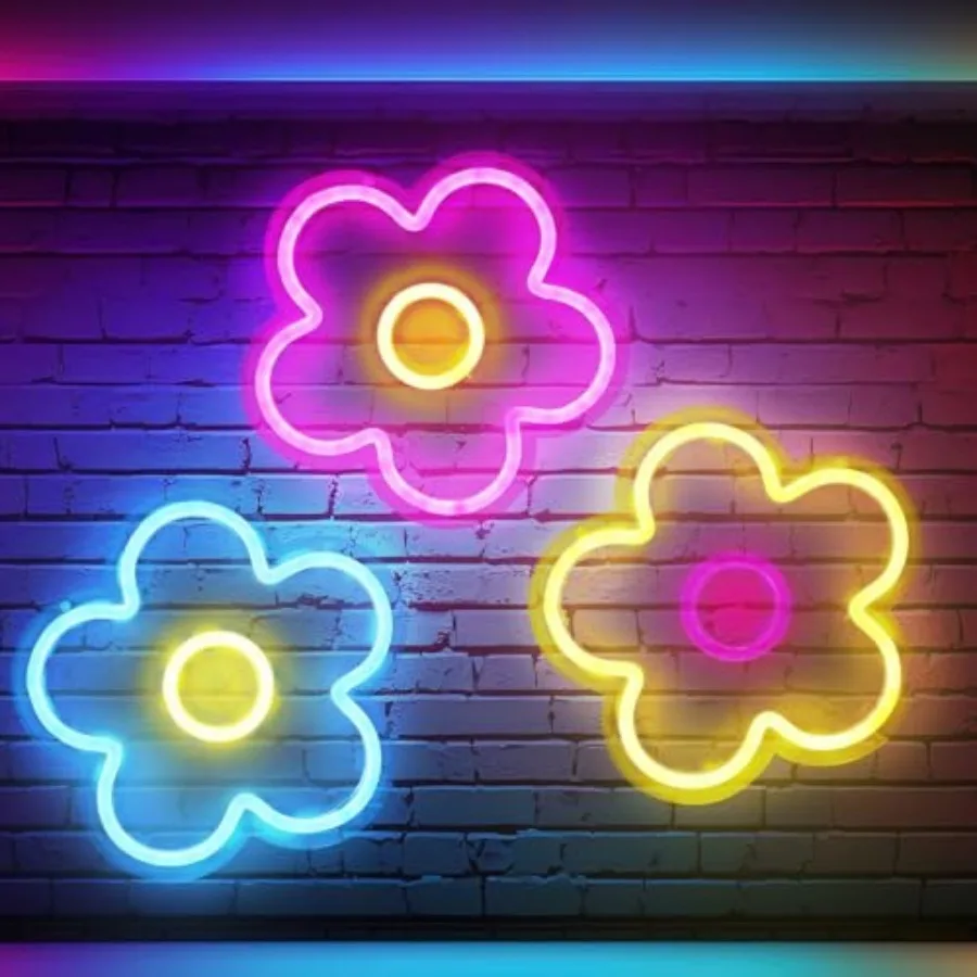 

Набор из 3 неоновых вывесок-цветов, ретро-неоновые LED-светильники с питанием от USB для декора стен, окон, спальни, дома, на день рождения девочки