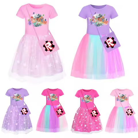 Summer ROBLOX Fashion Child Princess Dresses Baby Girl Toddler Short Sleeve Cute Party Dresses +bag Decorative Daily Necessities