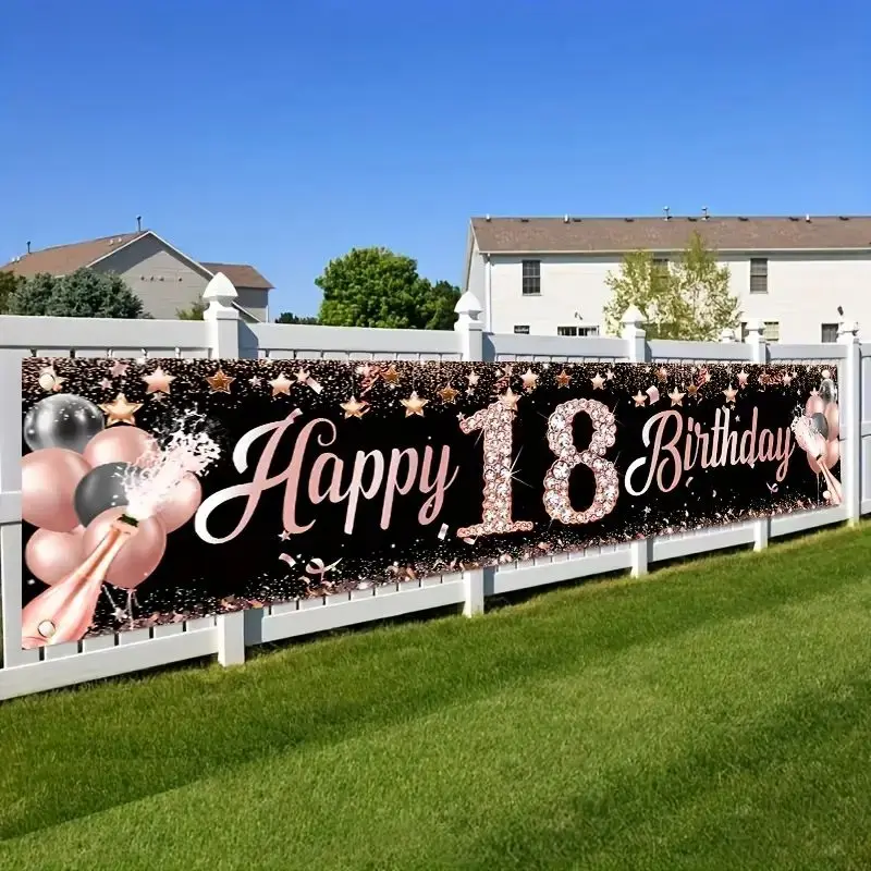 18th Birthday Banner, Rose Gold Birthday Party Decorations, Indoor/Outdoor Courtyard Signage, Fence Hanging Background