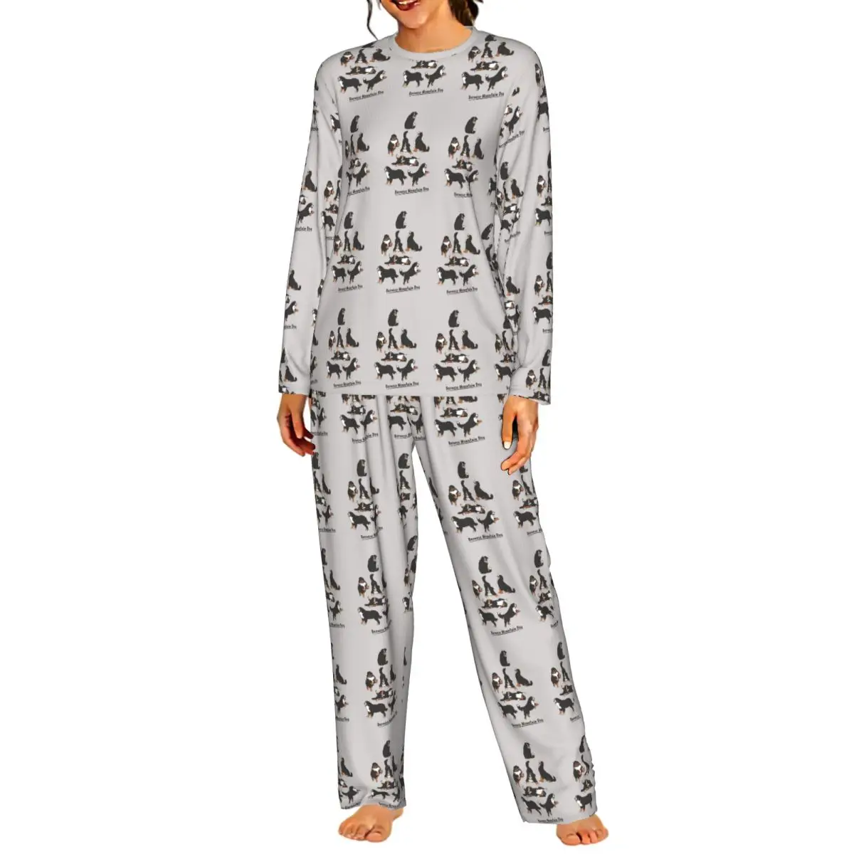 Playing Bernese Mountain Dog - Gray Background Round Neck Long Sleeve Nightgowns for Sleeping Women Loose Pajama Set Long Pants