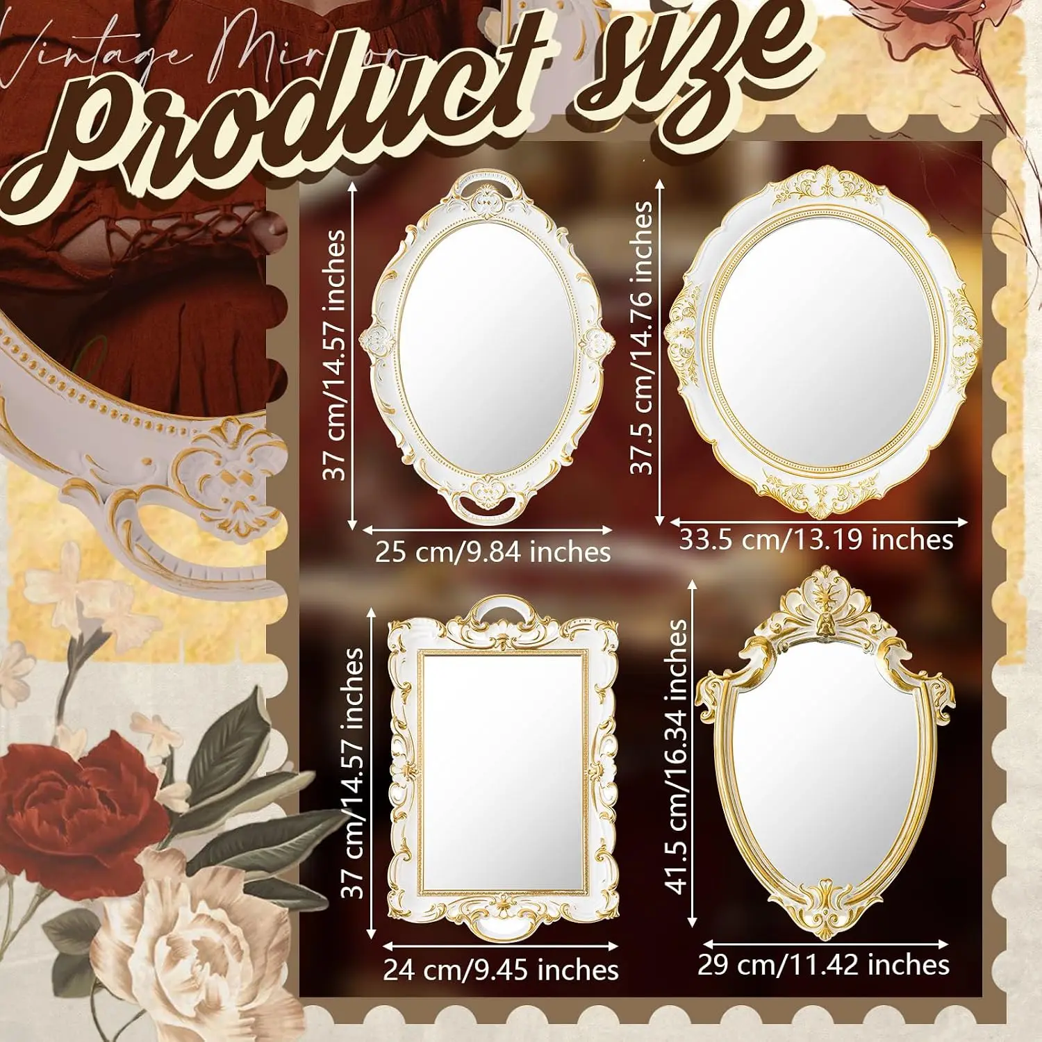 4 Pcs Vintage Gold Wall Mirror Set Luxury Gallery Wall Mirror Decorative Hanging Antique Decor for Living Room Entryway Wedding Bedroom Bathroom Victorian Decor (Elegant,White)