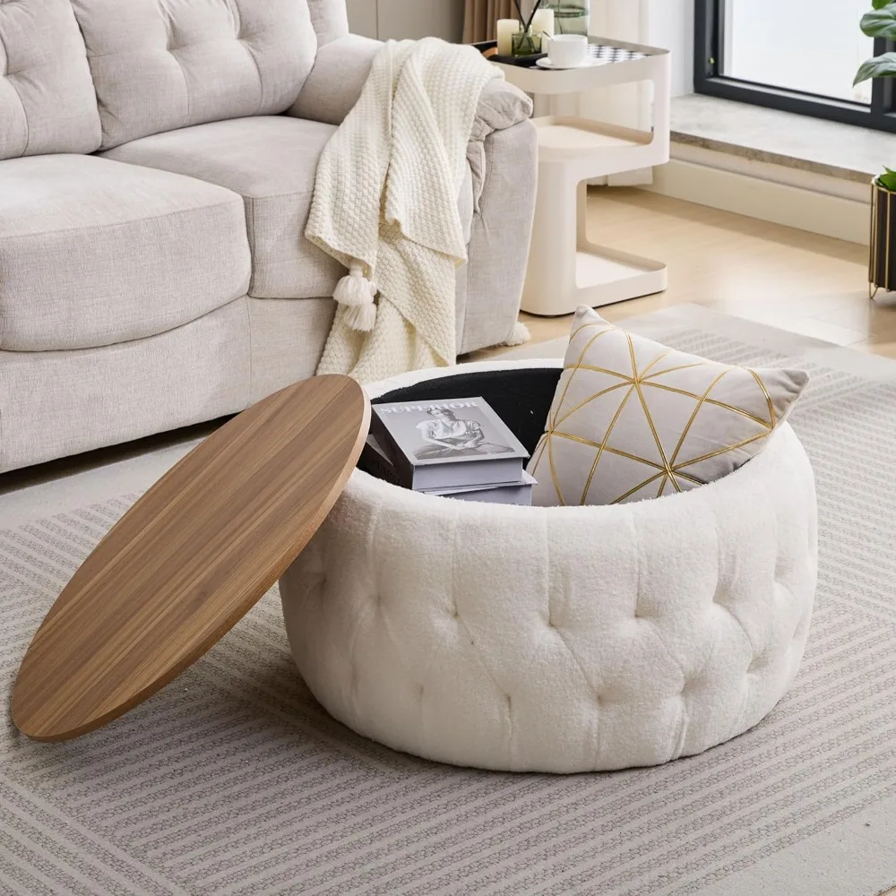 

30 Inches Round Storage Ottoman Coffee Table With Wooden Top, Large Teddy Fleece Upholstered Ottoman For Living Room, Bedroom, W