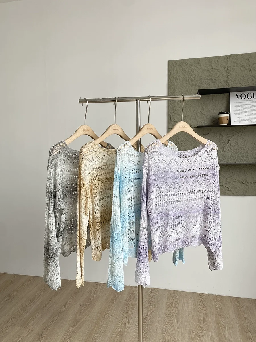 Women's Gradient Knit Lace-Up Long Sleeve Cover-Up 2025 Summer Hollow Out Loose Tank Top Two-Piece Set Breathable Y2K T Shirt