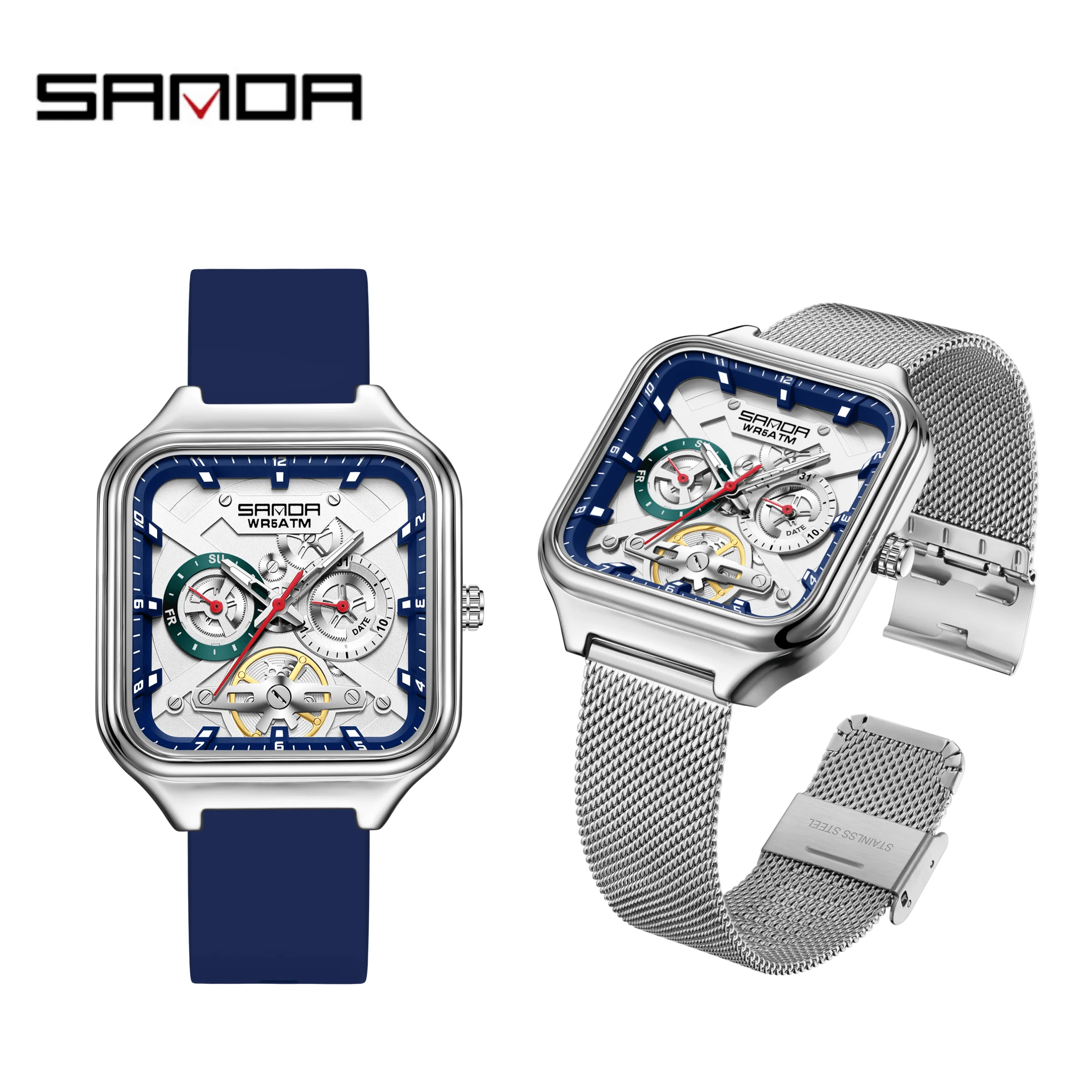 

SANDA 9085 Fashion Stylish Men's Quartz Watch 2 Strap Options Waterproof Trendy Sporty Male Wristwatch