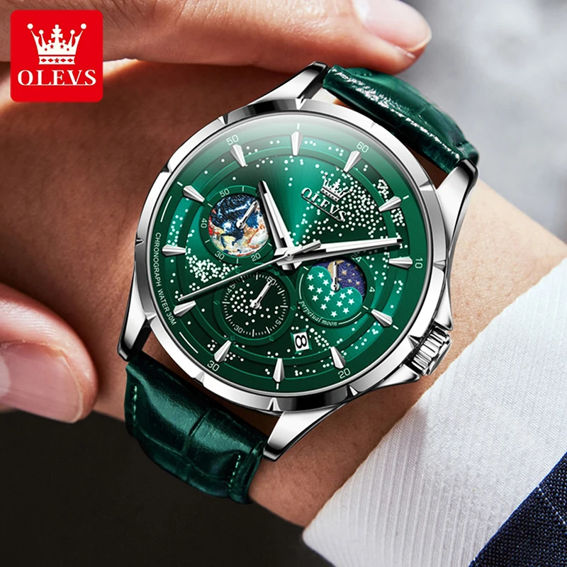 OLEVS 2023 New Men Watch Fashion Starry Sky Dial Design Multifunctional Quartz Watch Green Leather Strap Relogio Masculino 5538