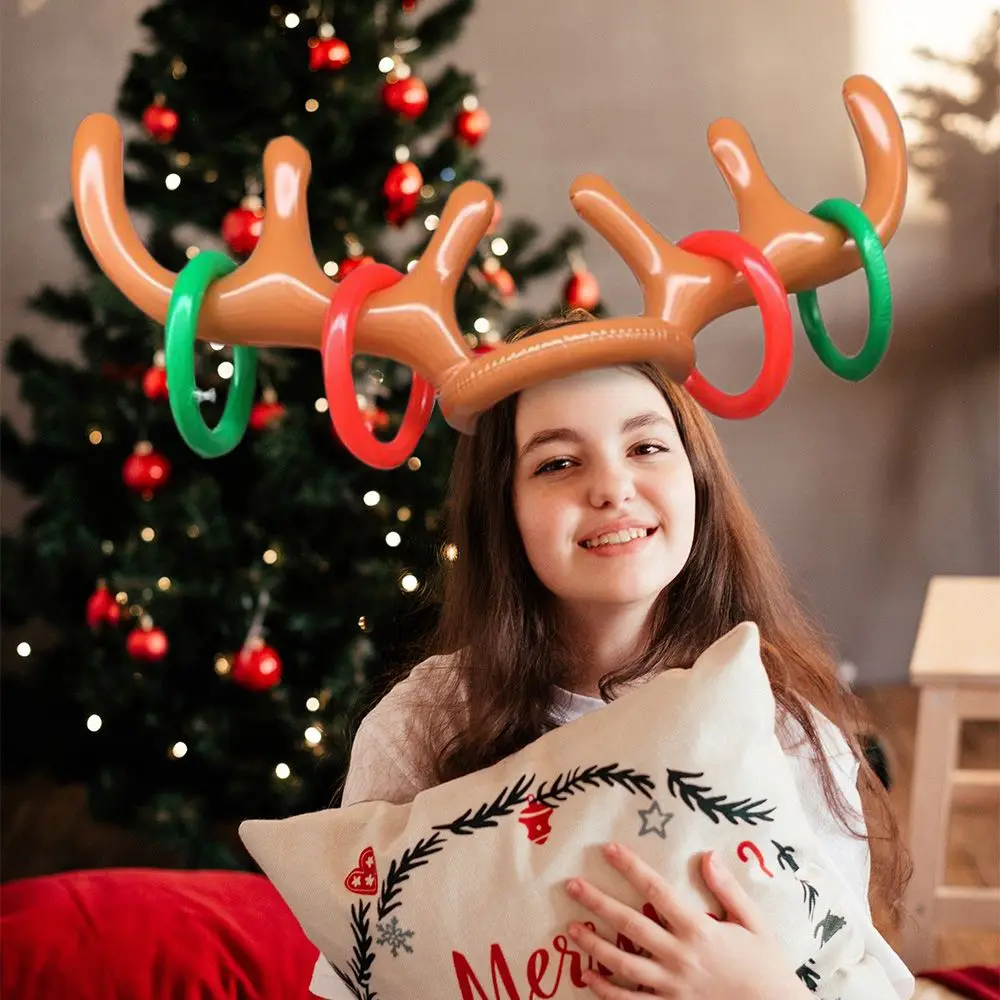 Decorazione di capodanno babbo natale divertente cappello di corna di renna giocattoli gonfiabili lancio dell'anello gioco di natale attività all'aperto regalo per bambini di natale