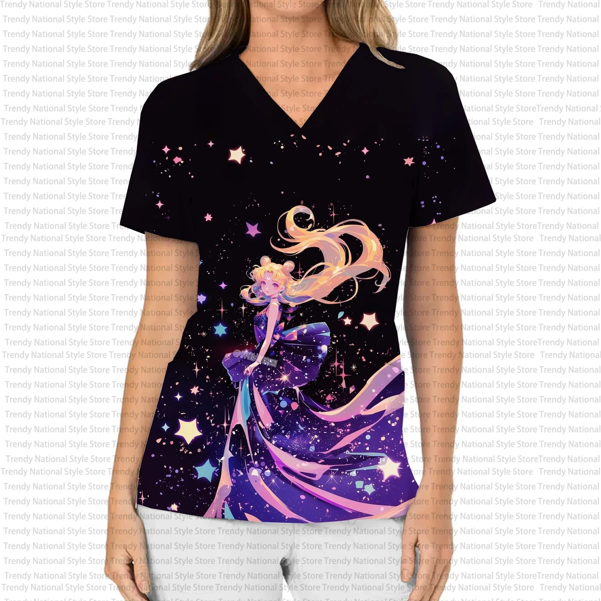 Summer Sailor Moon Print V-Neck Surgical Children's Doctor Costume, Surgical Gown, Doctor and Nurse Role-Playing Workwear