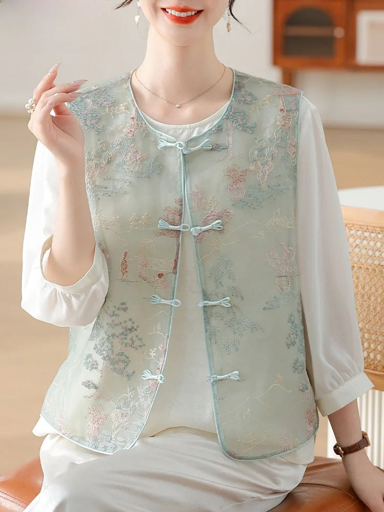 

New Chinese Sle Spring Outfit Set Lightweight Chiffon Top Women's Middle-Aged And ly Faion round Ne Button-Up irt