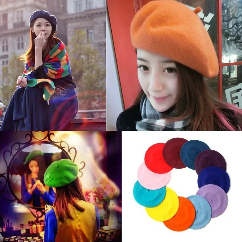 

Fashion New Women Wool Solid Color Beret Female Bonnet Caps Four seasons All Matched Warm Walking Hat Cap 16 Color