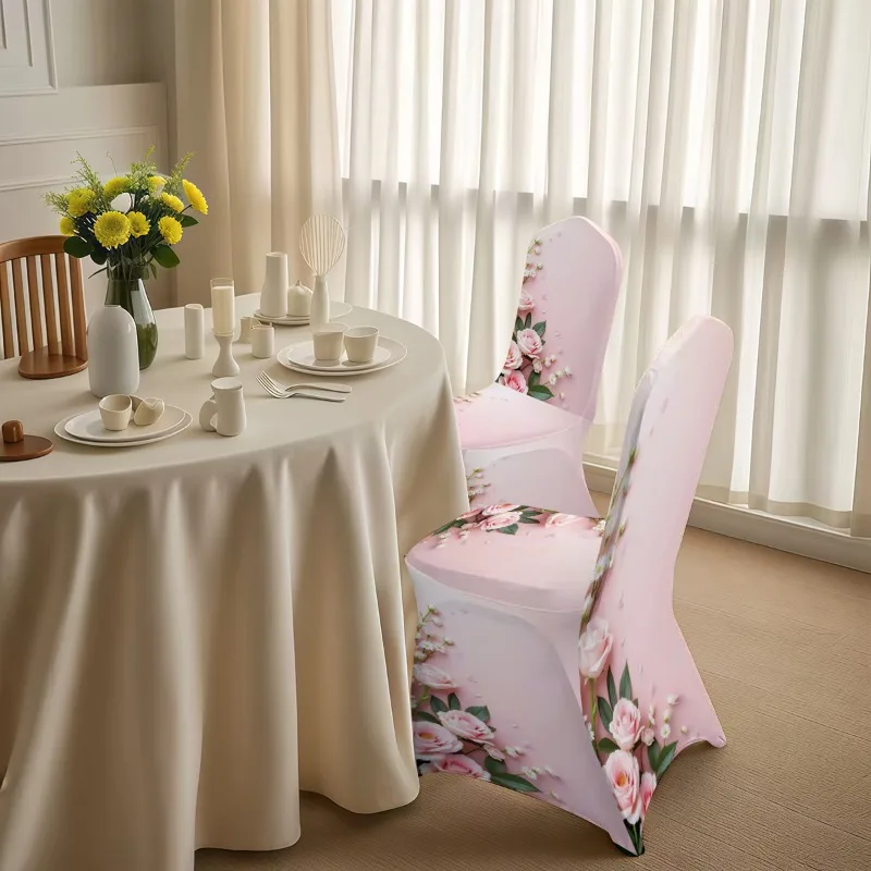 Pink rose print stretch chair cover. Washable, non-slip, easy to install. For weddings, dates & gifting.